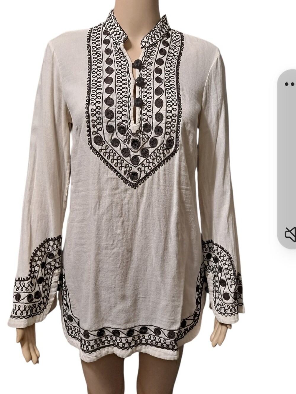 Lucky Brand Vintage Cream Tunic with Black Embroidery